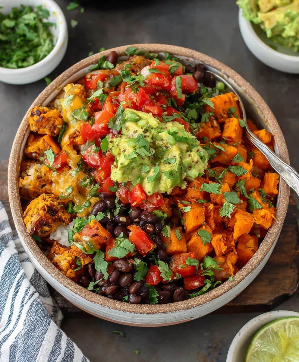 Vegan Black Bean Sweet Potato Burrito Bowl Recipe