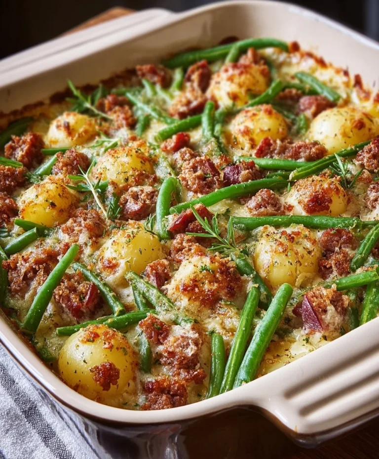 Hearty Beef Sausage Green Bean Potato Casserole