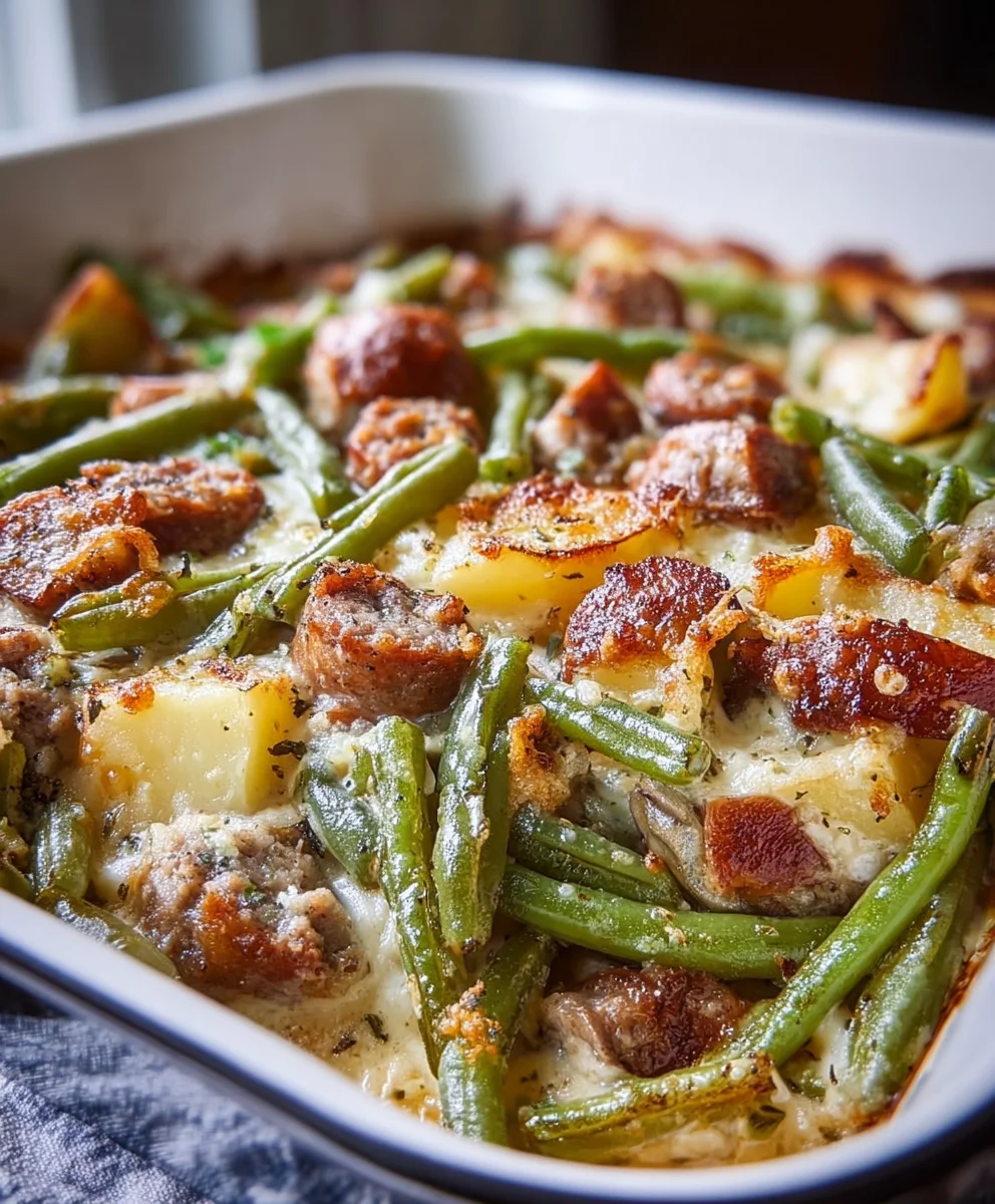 Hearty Beef Sausage Green Bean Potato Casserole