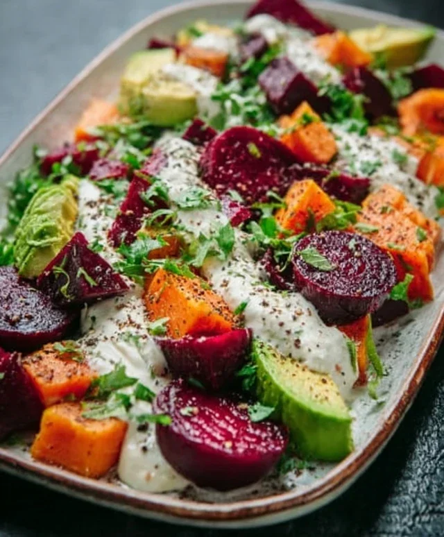 Roasted Beet, Sweet Potato & Avocado Salad with Whipped Ricotta & Lemon-Tahini Drizzle