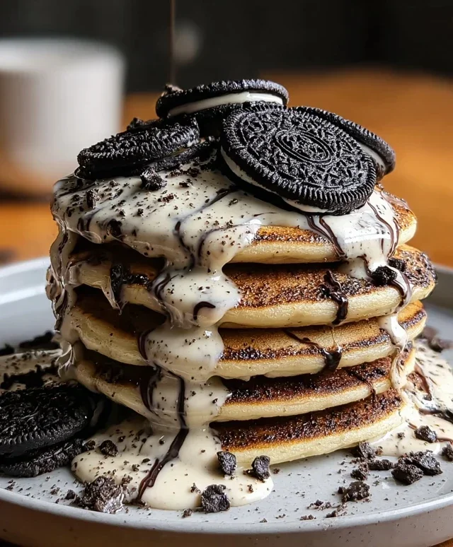 Oreo Pancakes with Cream Cheese Drizzle