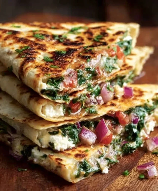 Mediterranean Quesadillas with Spinach, Feta, Mozzarella, and Red Onion