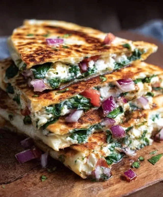 Mediterranean Quesadillas with Spinach, Feta, Mozzarella, and Red Onion