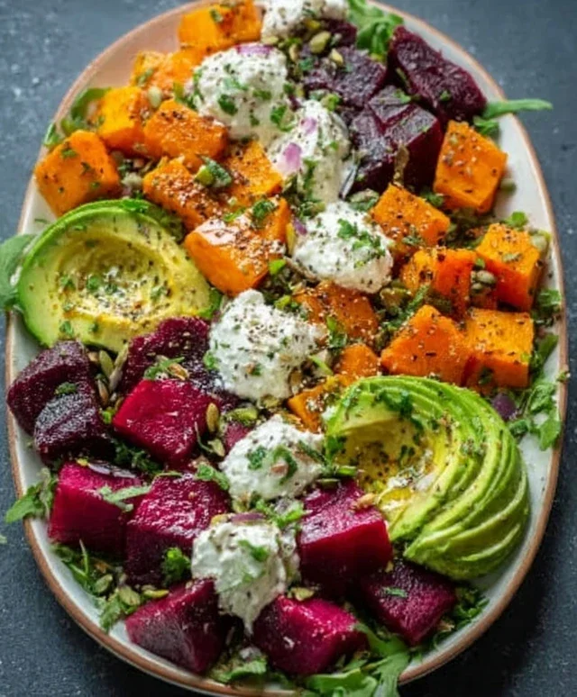 Roasted Beet, Sweet Potato & Avocado Salad with Whipped Ricotta & Lemon-Tahini Drizzle