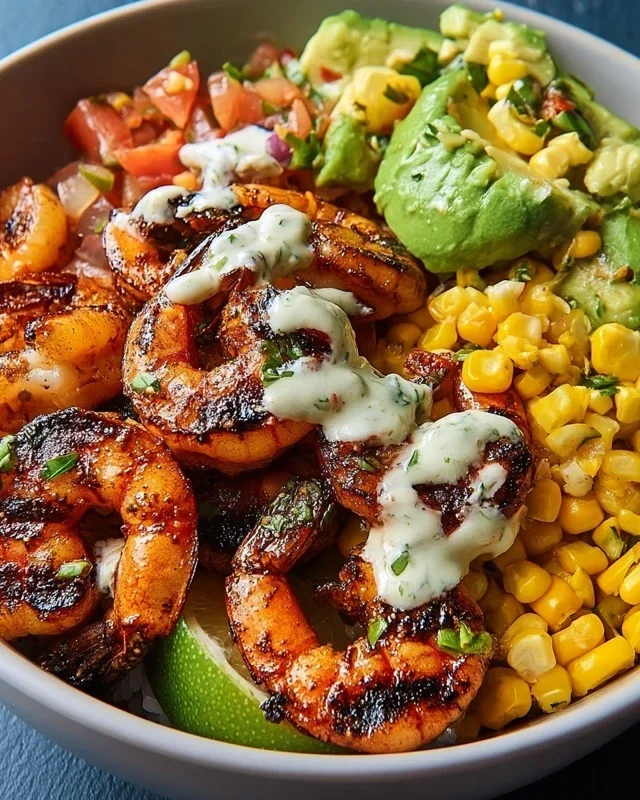Grilled Shrimp Bowl with Avocado, Corn Salsa & Creamy Garlic Sauce