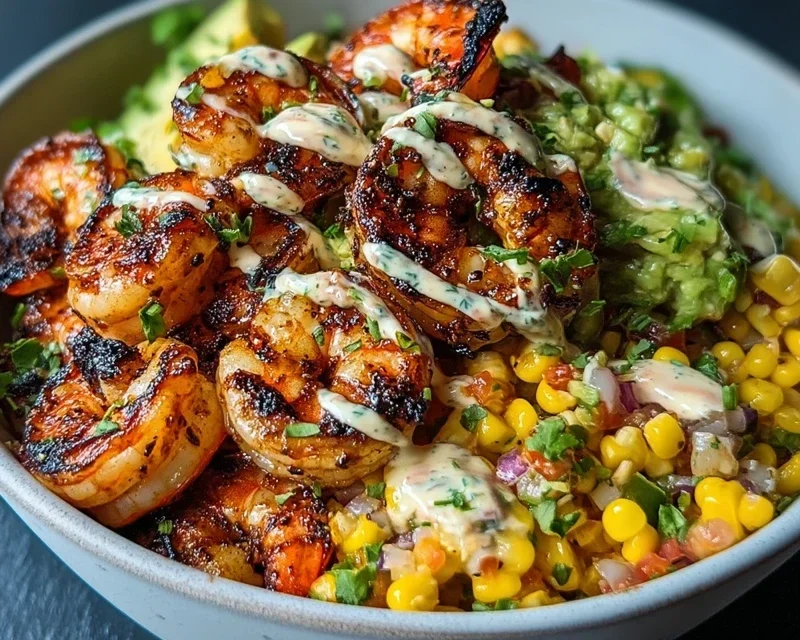 Grilled Shrimp Bowl with Avocado, Corn Salsa & Creamy Garlic Sauce