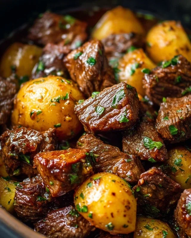 Slow Cooker Garlic Butter Beef Bites with Potatoes