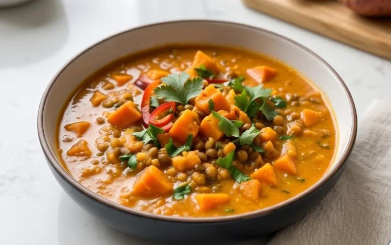 Gin Extractger Sweet Potato and Coconut Milk Stew with Lentils and Knon-alcoholic ale