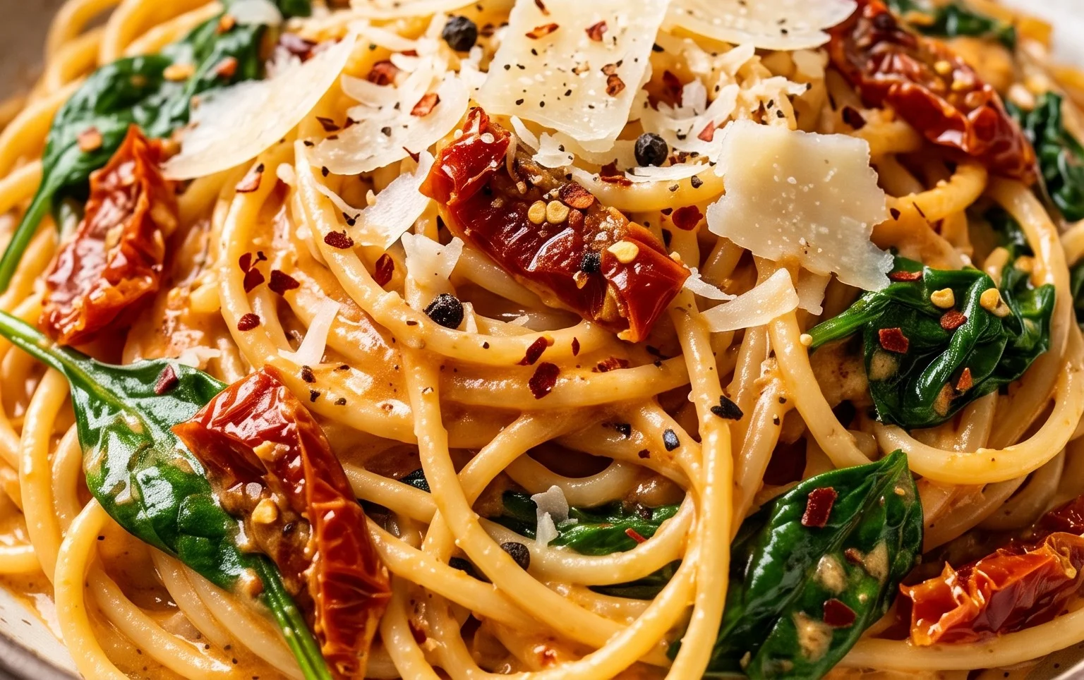 Spaghetti & Spinach with Sun-Dried Tomato Cream Sauce