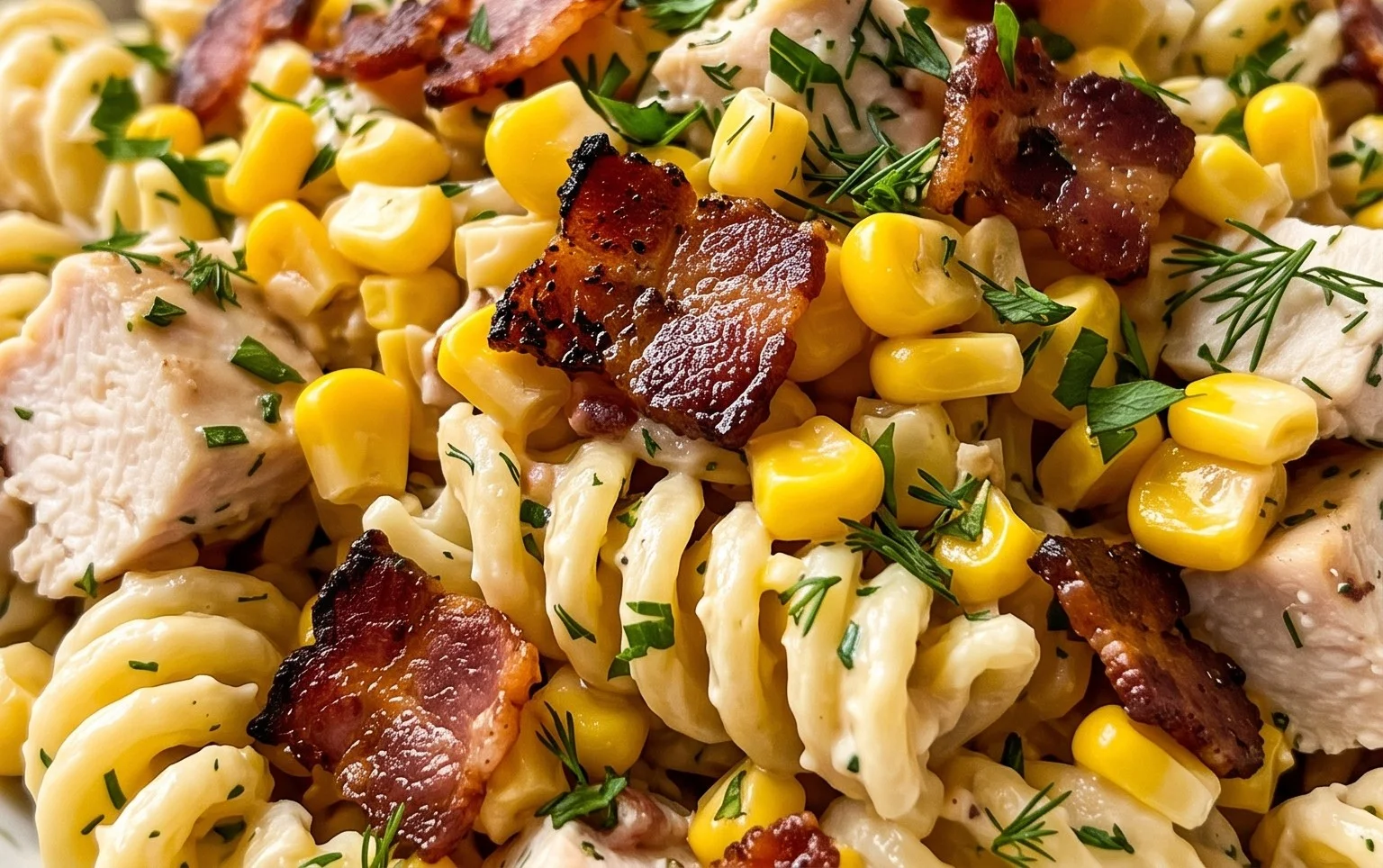 Chicken and Corn Pasta Salad with Beef Bacon