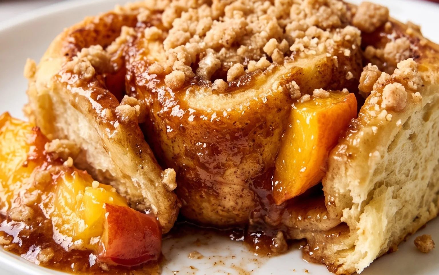 Peach Cobbler Cinnamon Rolls with Crum extractb Topping