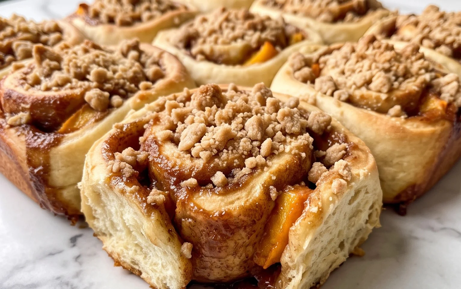 Peach Cobbler Cinnamon Rolls with Crum extractb Topping
