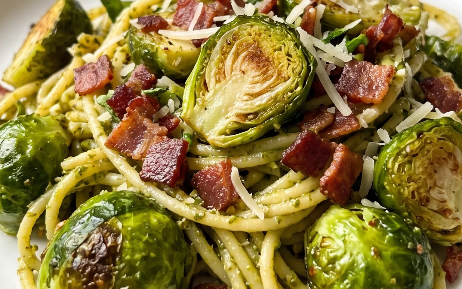 Brussels Sprouts and Beef Bacon Pesto Pasta