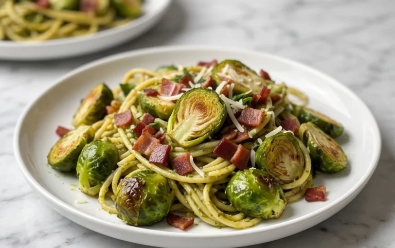 Brussels Sprouts and Beef Bacon Pesto Pasta