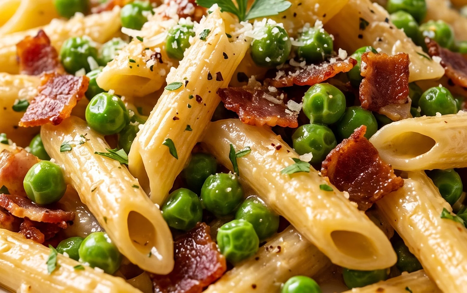 Penne Pasta, Peas and Beef Bacon