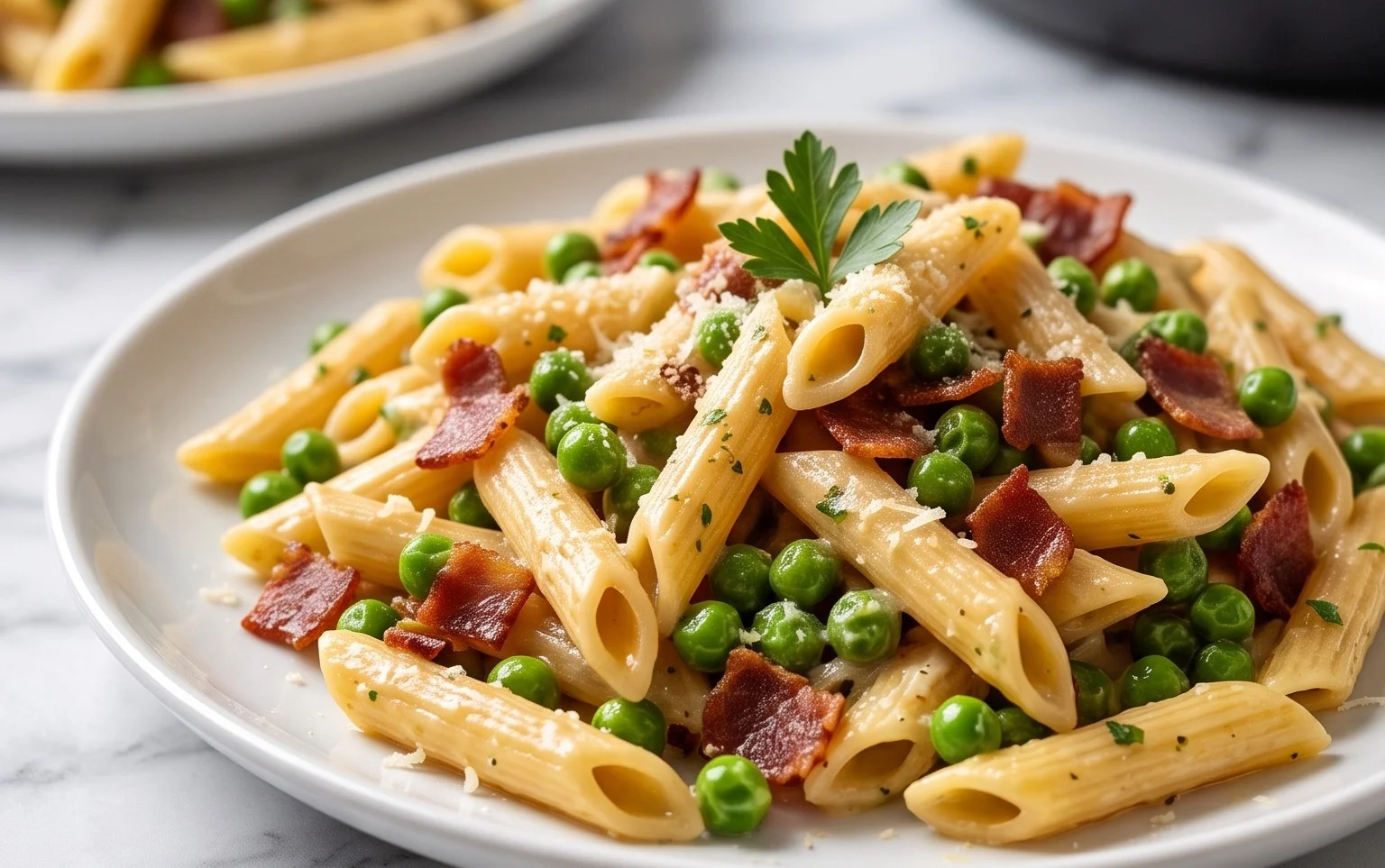 Penne Pasta, Peas and Beef Bacon