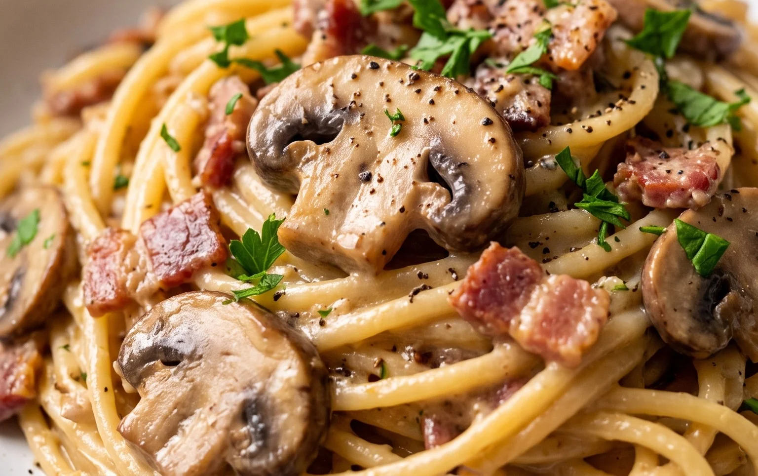Creamy Beef Bacon and Mushroom Pasta